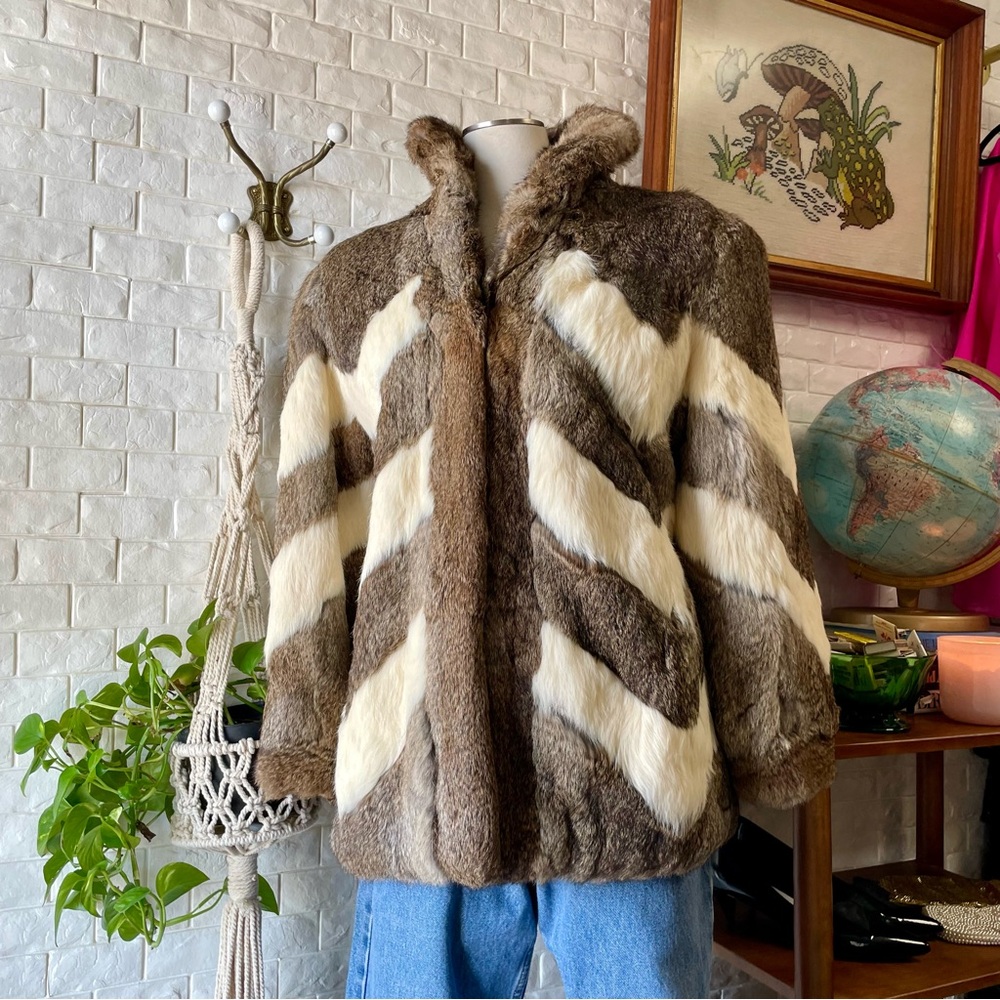 Vintage Parisian Fur 100% Rabbit Fur Coat Cream and Brown Chevron